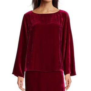 Eileen Fisher Velvet Boat Neck Sleeve Top Silk Blend Shirt Small Ruby Red LUX